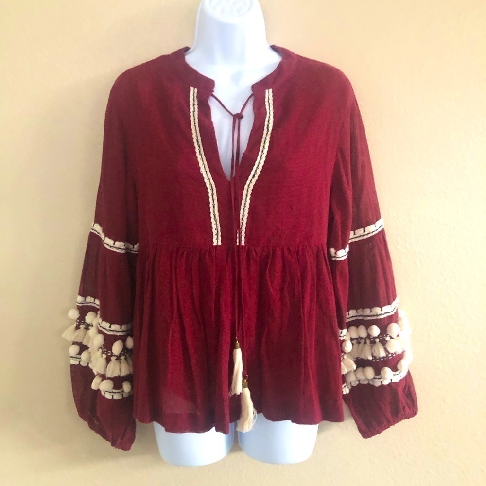 Vineet Bahl Anthropologie Nisha Boho Balloon Sleeves Peasant Top Size M
